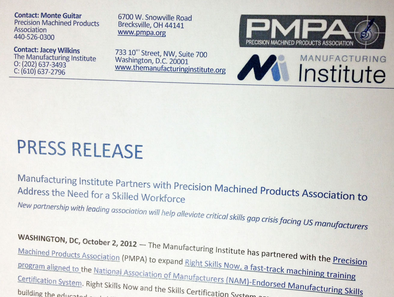 Press Release Manufacturing Institute copy
