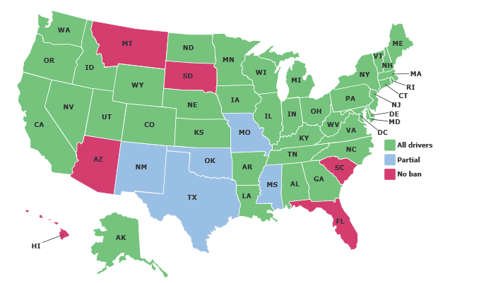 Texting bans map
